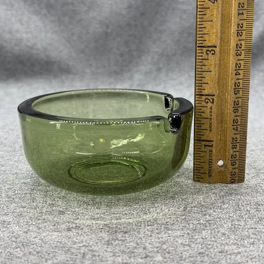 Vintage Olive Green Heavy Glass Round Ashtray 2 Slot Mid Century Modern 3.75